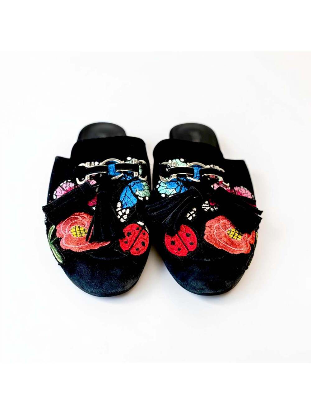 Jeffrey Campbell Apfel Black Suede Floral Embroidered Tassel Mule Slides Size 6